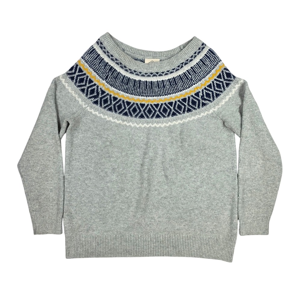 St Johns Bay Womens Small Fair Isle Crew Neck Sweater Gray Navy Blue Cotton